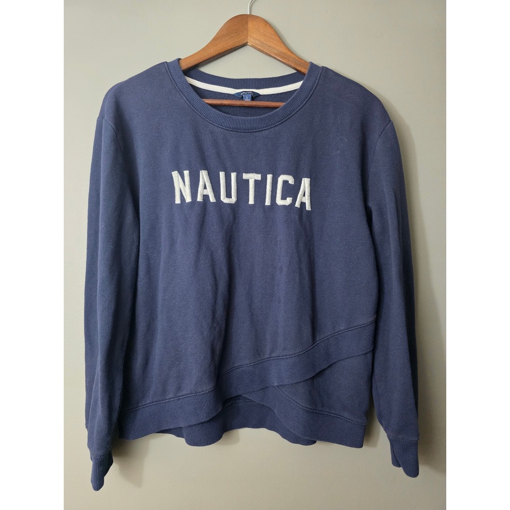 Nautica Womens Navy Blue Embroidered Logo Sweatshirt Crossover Hem Large